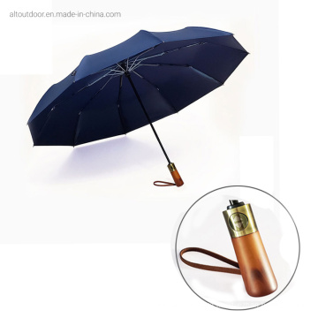 Hot Sale Automatic Three Fold Umbrella with Wooden Handle